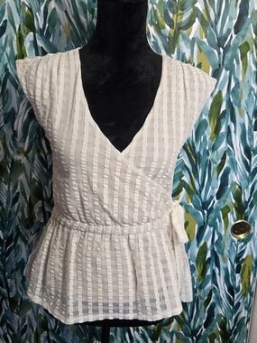 Anthropologie Deletta Cream Striped Wrap Peplum Blouse
